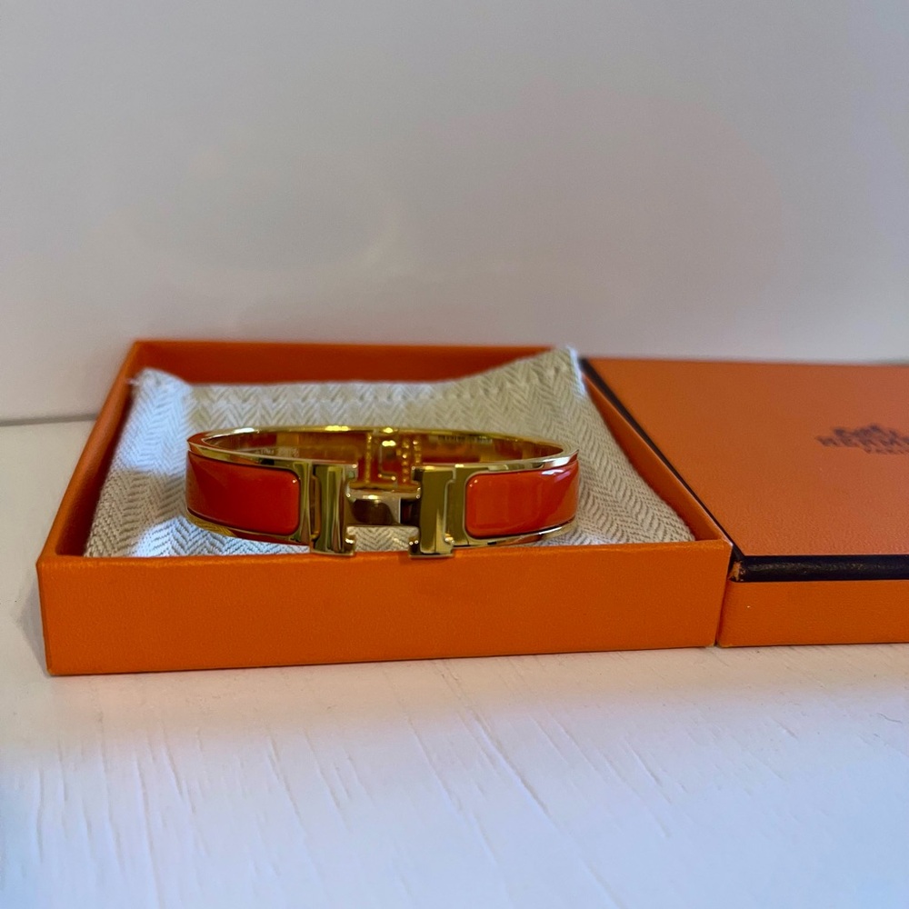 Hermes Orange Enamel Clic H Bracelet with Gold Hardware 100% authentic